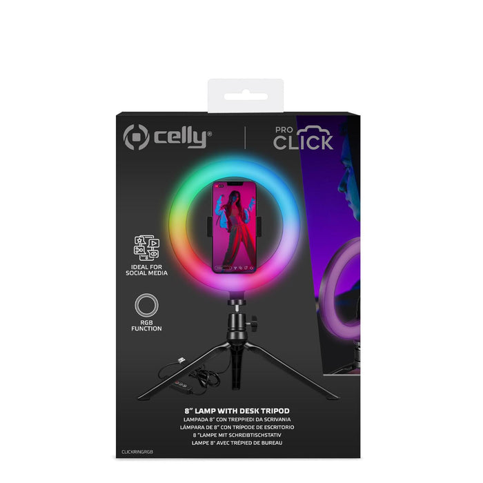 Celly RGB 8" Led Ring Light For Smartphones 20Cm With Tripod - Great for Youtube Tiktok Instagram & More