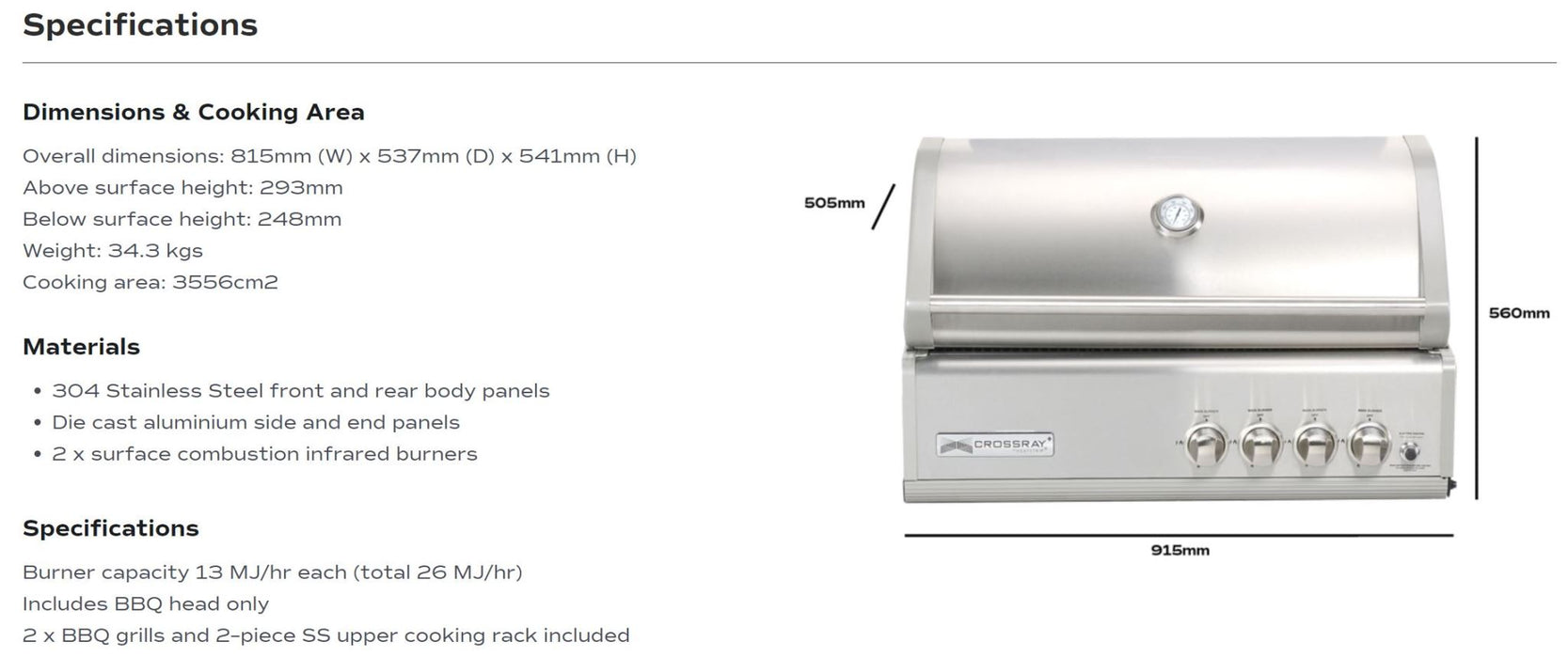 CROSSRAY 2 Burner infrared Gas Drop in BBQ