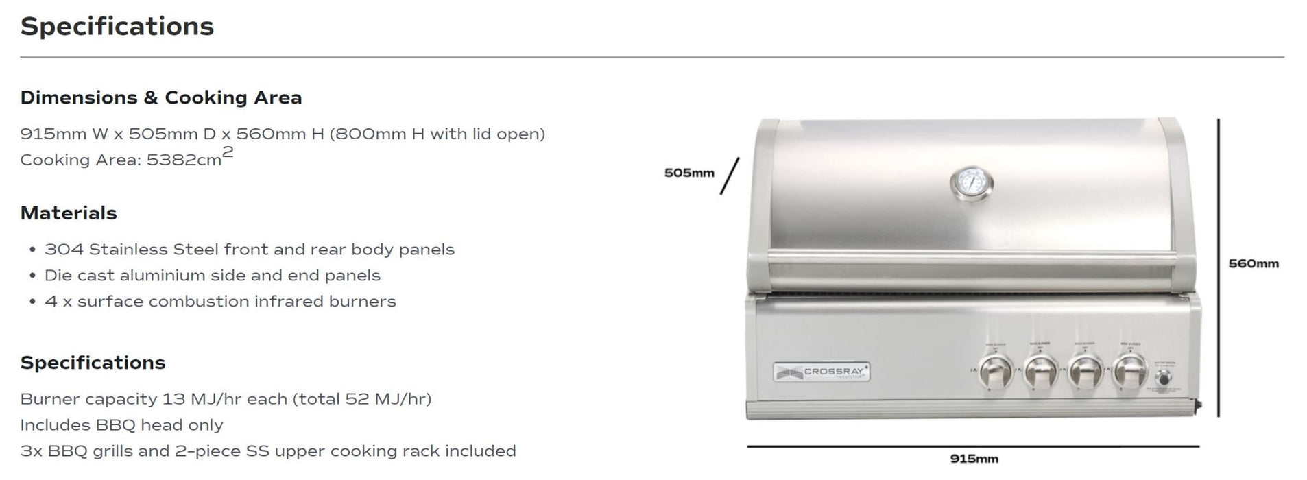 CROSSRAY IN-BUILT BBQ with 4 x Infrared Gas Burners (13MJ/each)