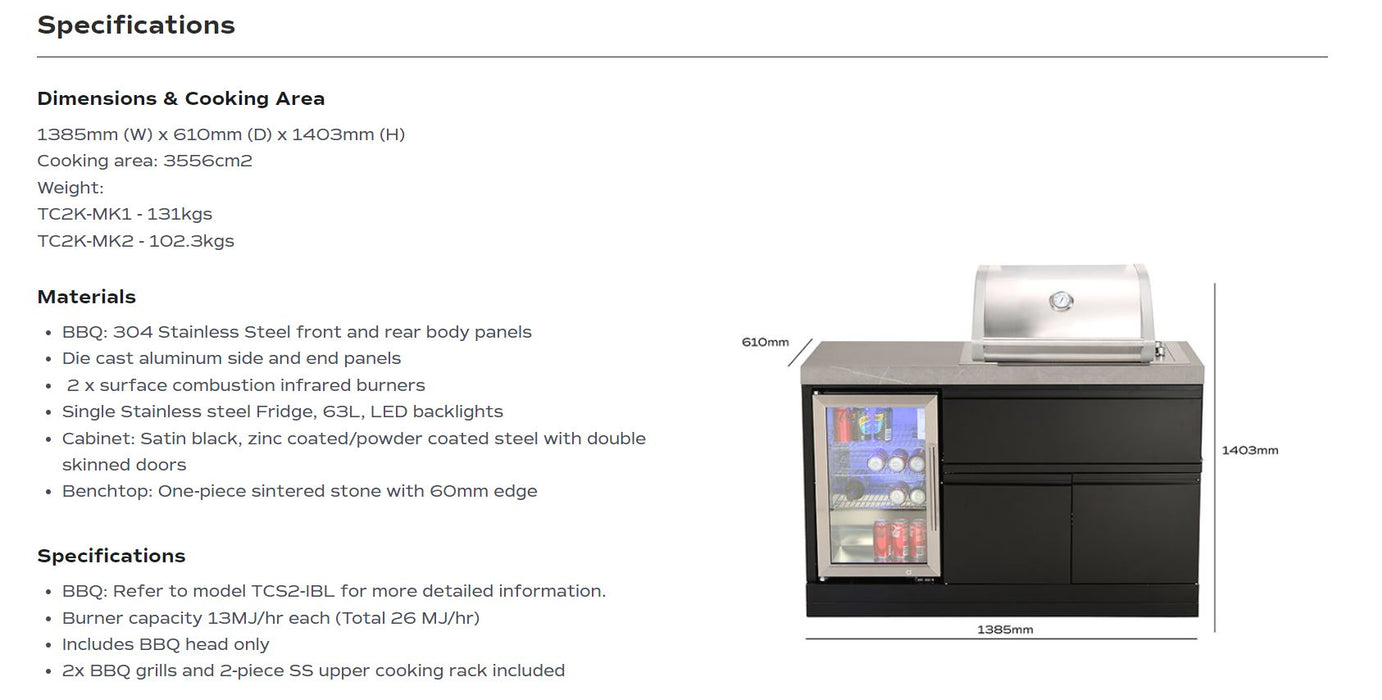 CROSSRAY Mini kitchen with 2 Burner Infrared Gas BBQ w/ Single Fridge