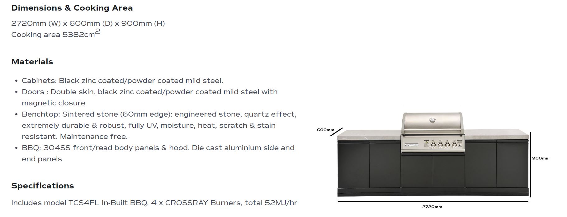 Crossray Outdoor Kitchen 4 Burner BBQ, 2 Double side Cabinets & Sink