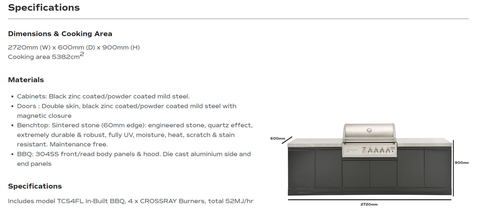 Crossray TC4K-08 Outdoor Kitchen with 4 Burner BBQ, Sink & Single Door Fridge