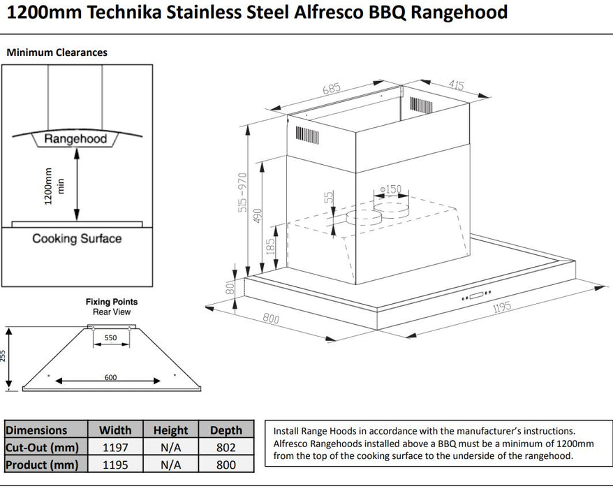 Crossray Technika 120cm Alfresco BBQ Rangehood