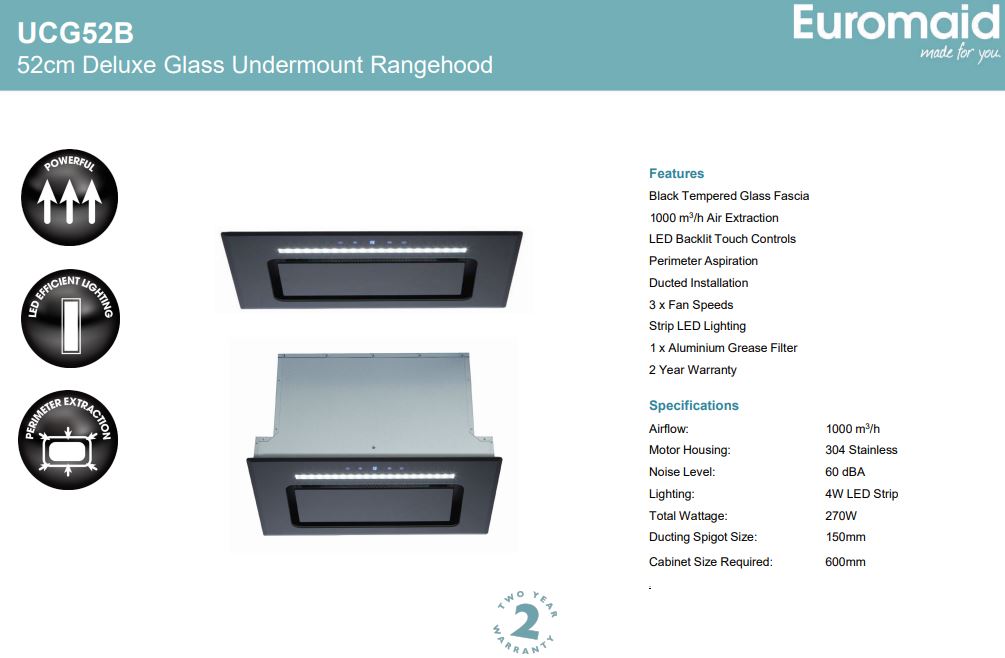 Euromaid 52cm Undermount Rangehood, Black Glass