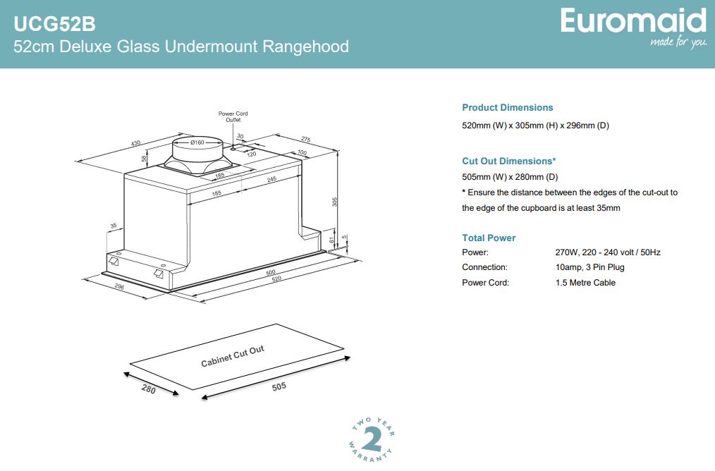 Euromaid 52cm Undermount Rangehood, Black Glass