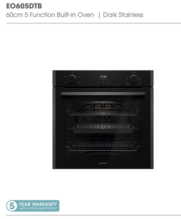 Euromaid 60cm 5 Function Built-in Oven, Dark Stainless