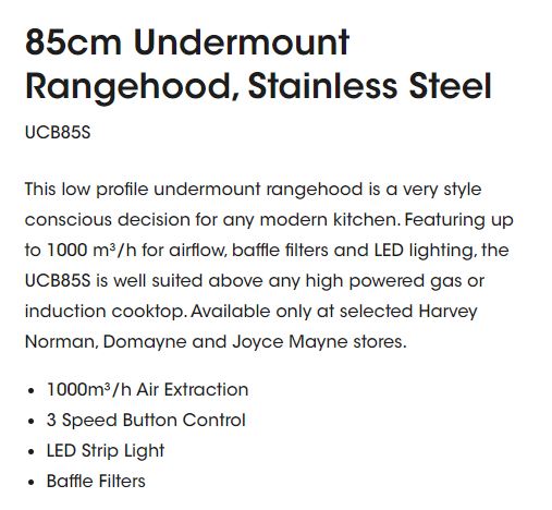 Euromaid 85cm Undermount Rangehood, Stainless Steel