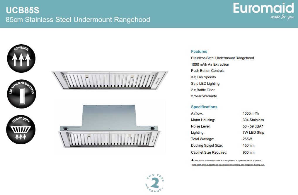 Euromaid 85cm Undermount Rangehood, Stainless Steel