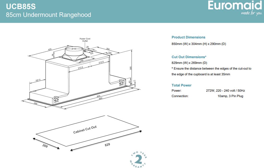 Euromaid 85cm Undermount Rangehood, Stainless Steel