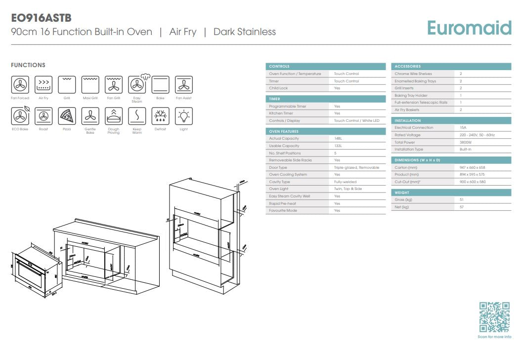 Euromaid 900mm 16-Function Built-in Oven with Air Fry - Dark Stainless