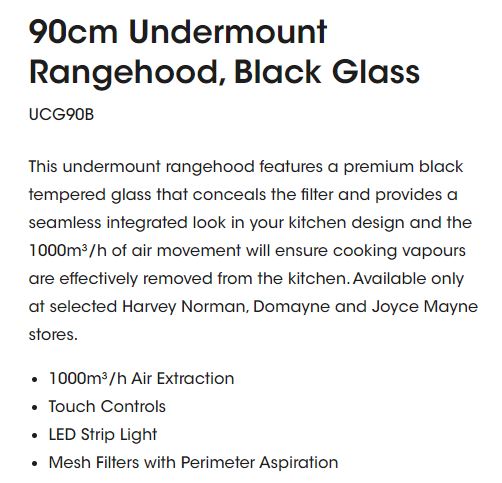 Euromaid 90cm Undermount Rangehood, Black Glass