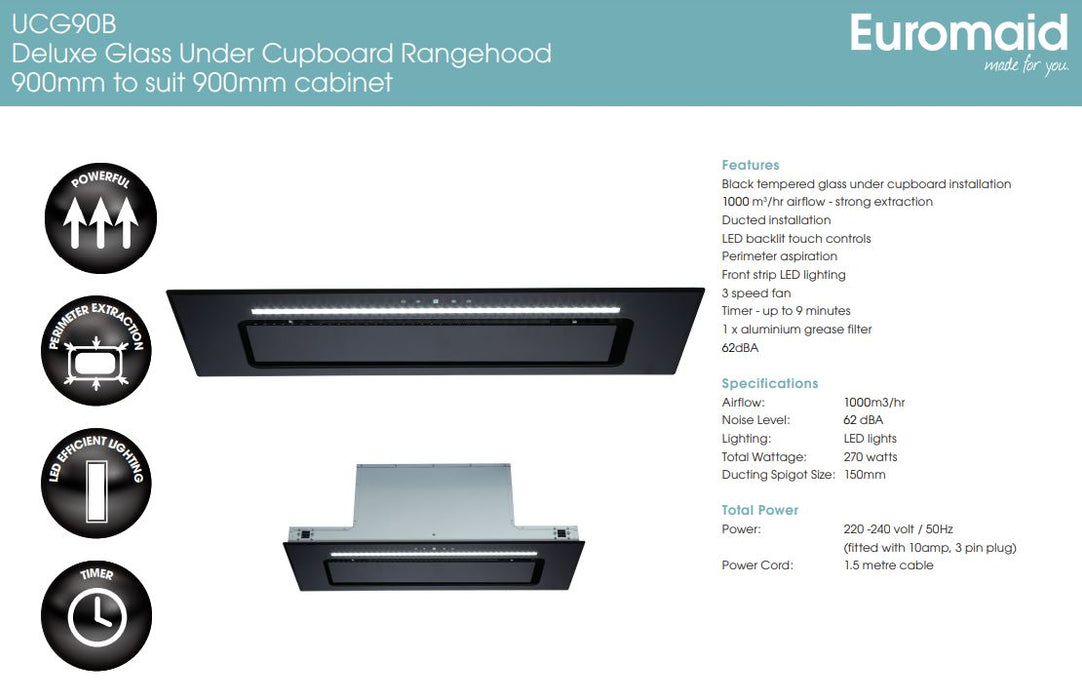 Euromaid 90cm Undermount Rangehood, Black Glass