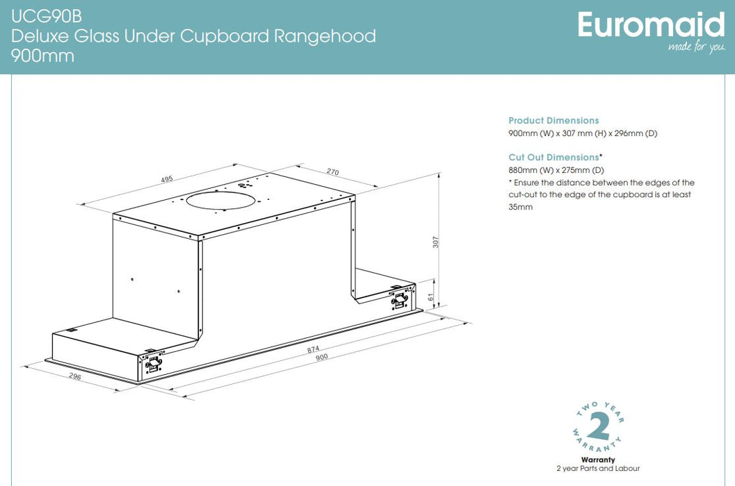 Euromaid 90cm Undermount Rangehood, Black Glass