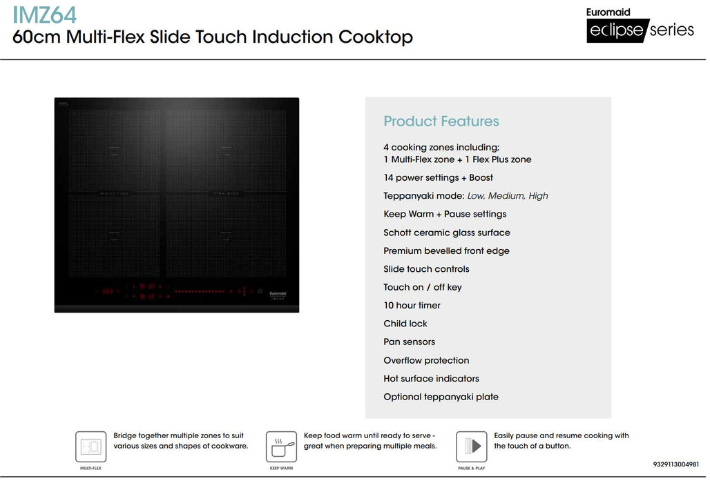 Euromaid 60cm Induction Cooktop With 4 Zones and Multi-Flex