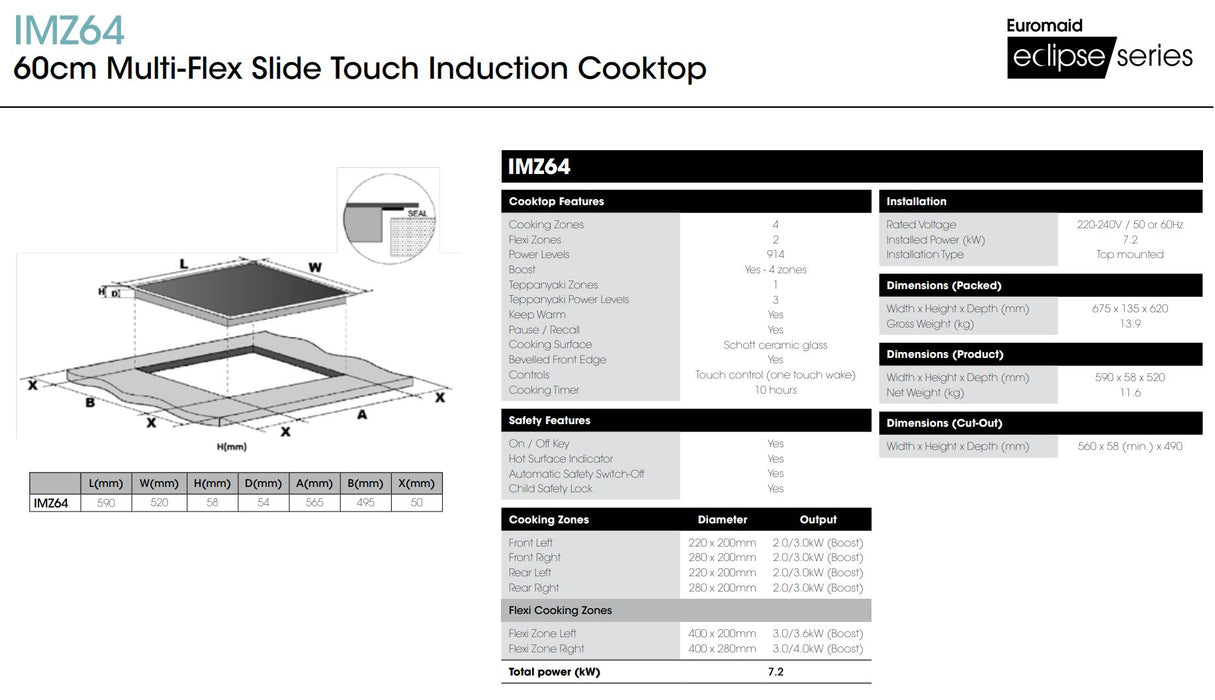 Euromaid 60cm Induction Cooktop With 4 Zones and Multi-Flex