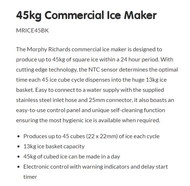 Morphy Richards 45kg Commercial Stainless Steel Ice Maker