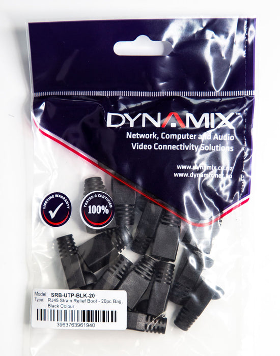 DYNAMIX BLACK RJ45 Strain Relief Boot (6.0mm Outside Diameter). 20pk bag.