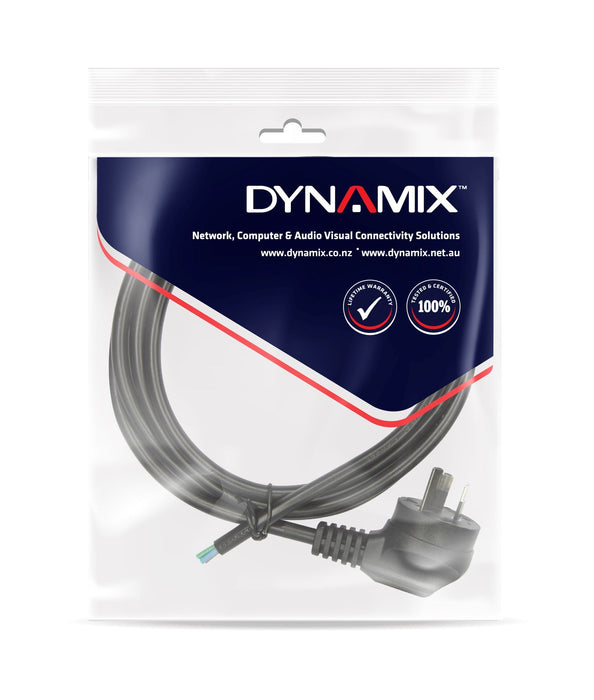 DYNAMIX 2M 3-Pin Right-Angled Plug Bare End 3 Core 1mm Cable Colour SAA Approved
