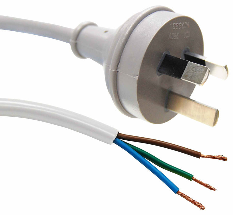 DYNAMIX 2M 3-Pin Plug to Bare End, 3 Core 1mm Cable, White Colour SAA Approved