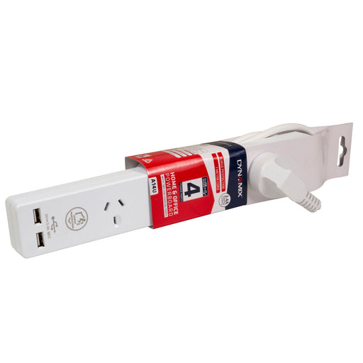 DYNAMIX 4-way 10A Home & Office Powerboard with two USB 3.4A Rapid Charging Port