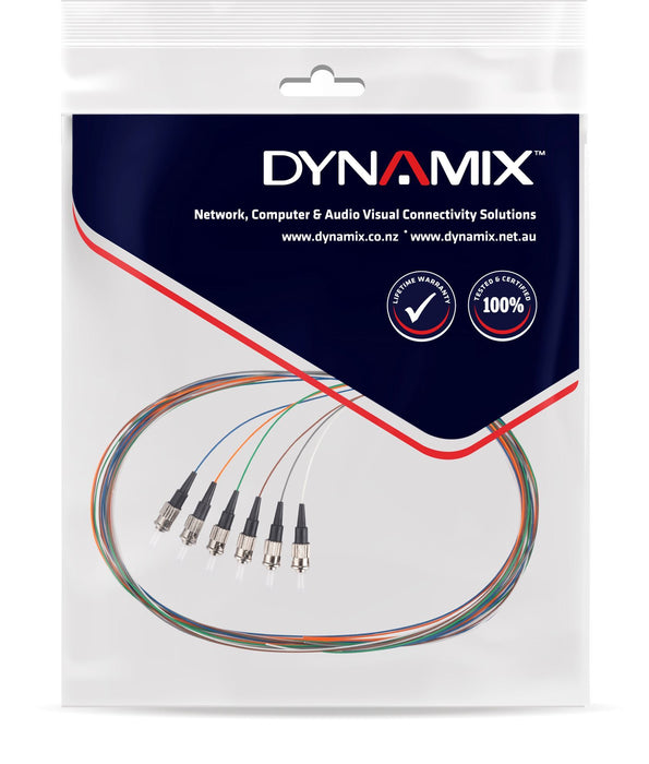 DYNAMIX 2M ST Pigtail OM1 6x Pack Colour Coded, 62.5/900um Multimode Fibre