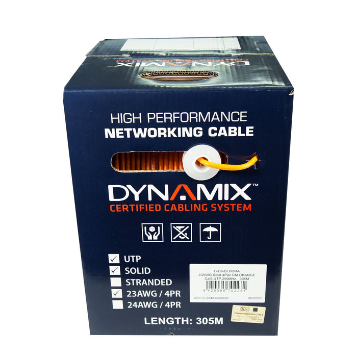 DYNAMIX 305m Cat6 Orange UTP SOLID Cable Roll, 250MHz, 23AWGx4P, PVC Jacket