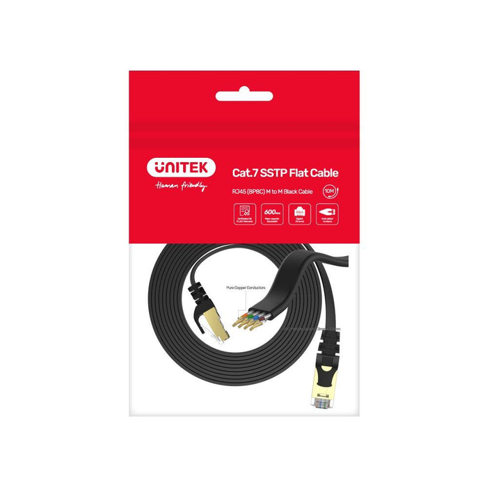 UNITEK 2m CAT 7 Black Flat SSTP 32AWG Patch Lead in PVC Jacket. 500MHz, Gold-pla