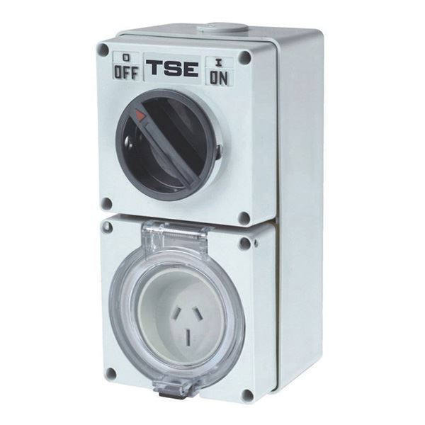 TRADESAVE Switched Outlet 3 Pin 10A Flat, IP66, Stainless Steel cover fastening.