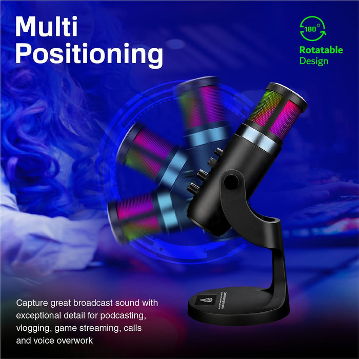 VERTUX Cardioid Gaming Microphone with 5 Mode RGB LED Light. One Touch Mute, USB