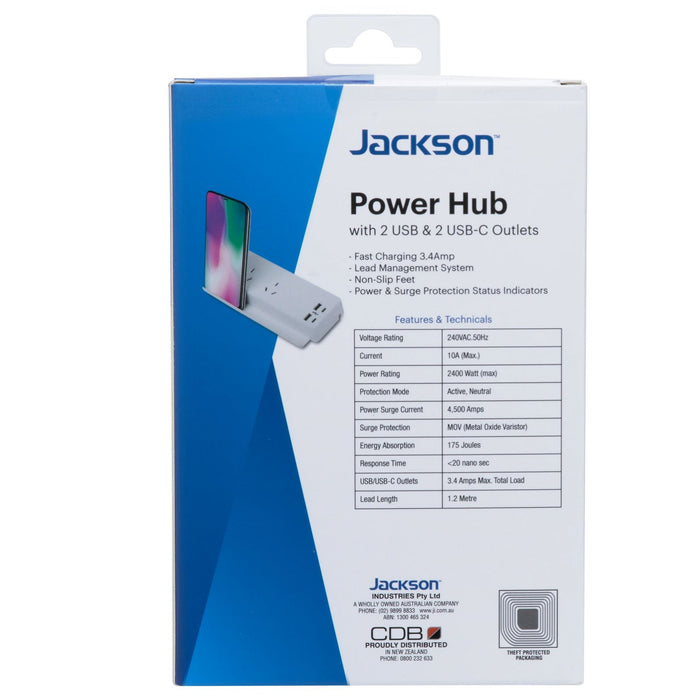 JACKSON 10A Power Hub with 2x USB-A, 2x USB-C Ports & 2x 3Pin Power Outlets