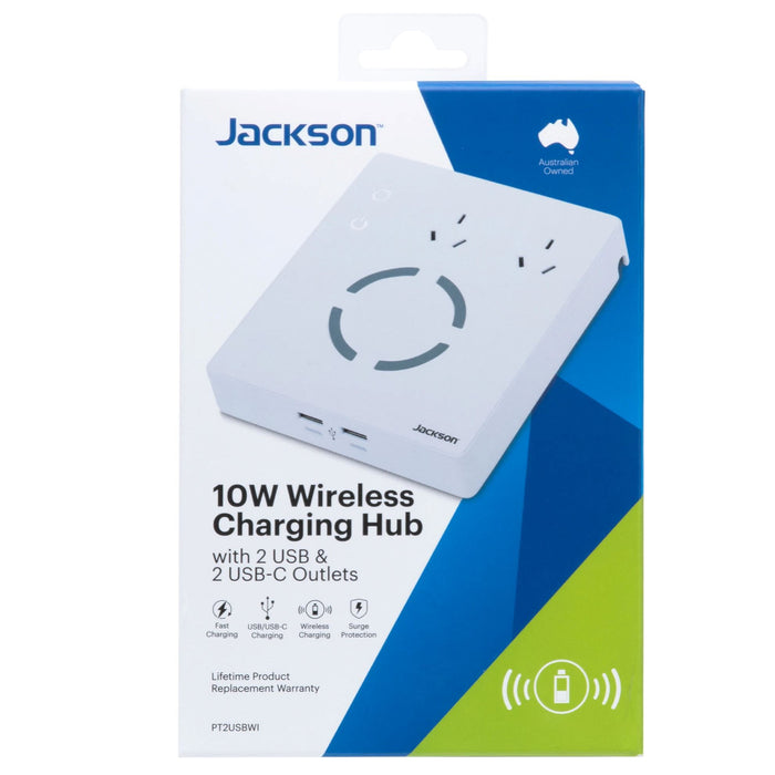 JACKSON 10W Wireless Charging Hub w 2x USB 2x USB-C Ports 2x 3Pin Power Outlets