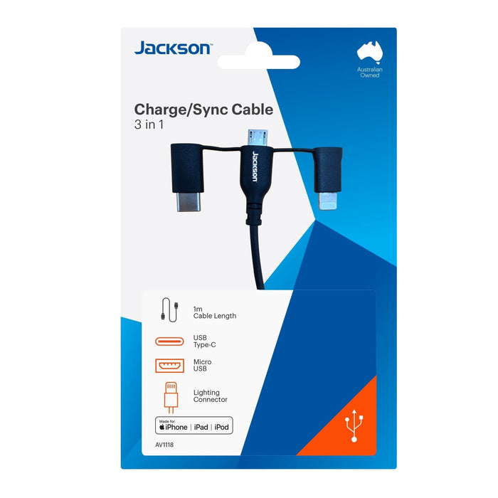 JACKSON 1m MFi Certified Sync & Charge Cable Micro USB USB-C Lightning Black