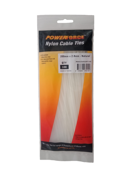 POWERFORCE Cable Tie Natural 200mm x 2.8mm Nylon Pack of 100. Made from U.L. App