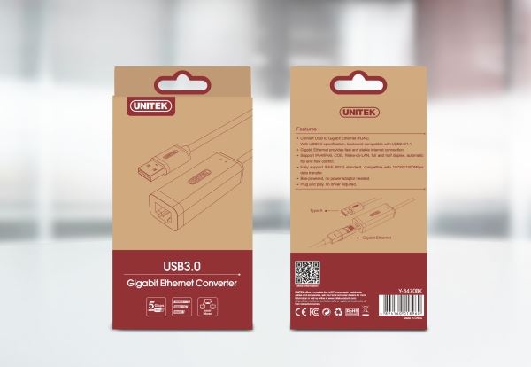 UNITEK USB-A 3.0 Gigabit Ethernet Converter. Supports IPv4/v6; COE; Wake-on-LAN.