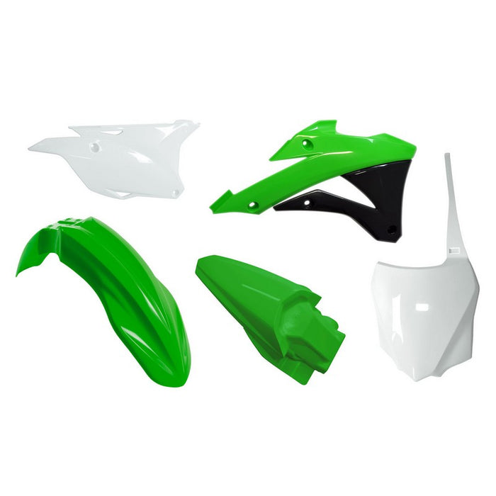 PLASTICS KIT RTECH FRONT / REAR FENDER SIDE PANELS RADIATOR SHROUDS &amp;FRONT NUMBERPLATE KX85 KX100